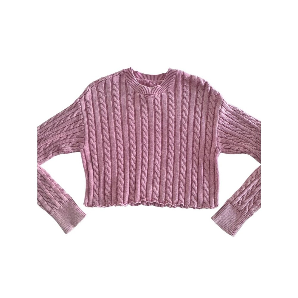 Aerie Lovethis Moment Cable Knit Cropped Sweater Women M Pink 100% Cotton